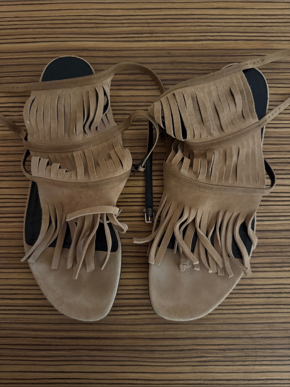 Fringe Suede Ankle-Wrap Sandals - Tan